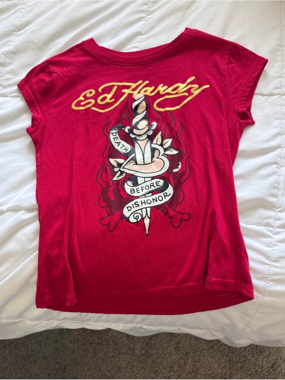 Ed Hardy Red Girls' Short Sleeve Graphic Tee with Yellow Logo